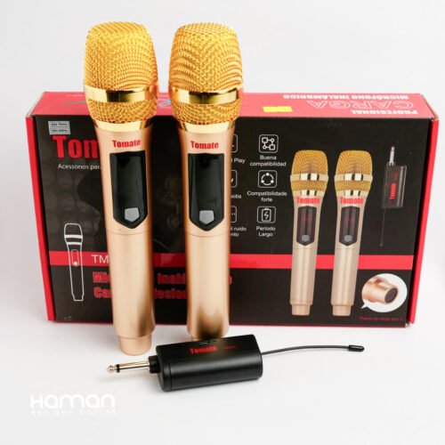 MICROFONO INALAMBRICO DOBLE DE MANO UHF RECARG TOMATE TM-001 DORADO
